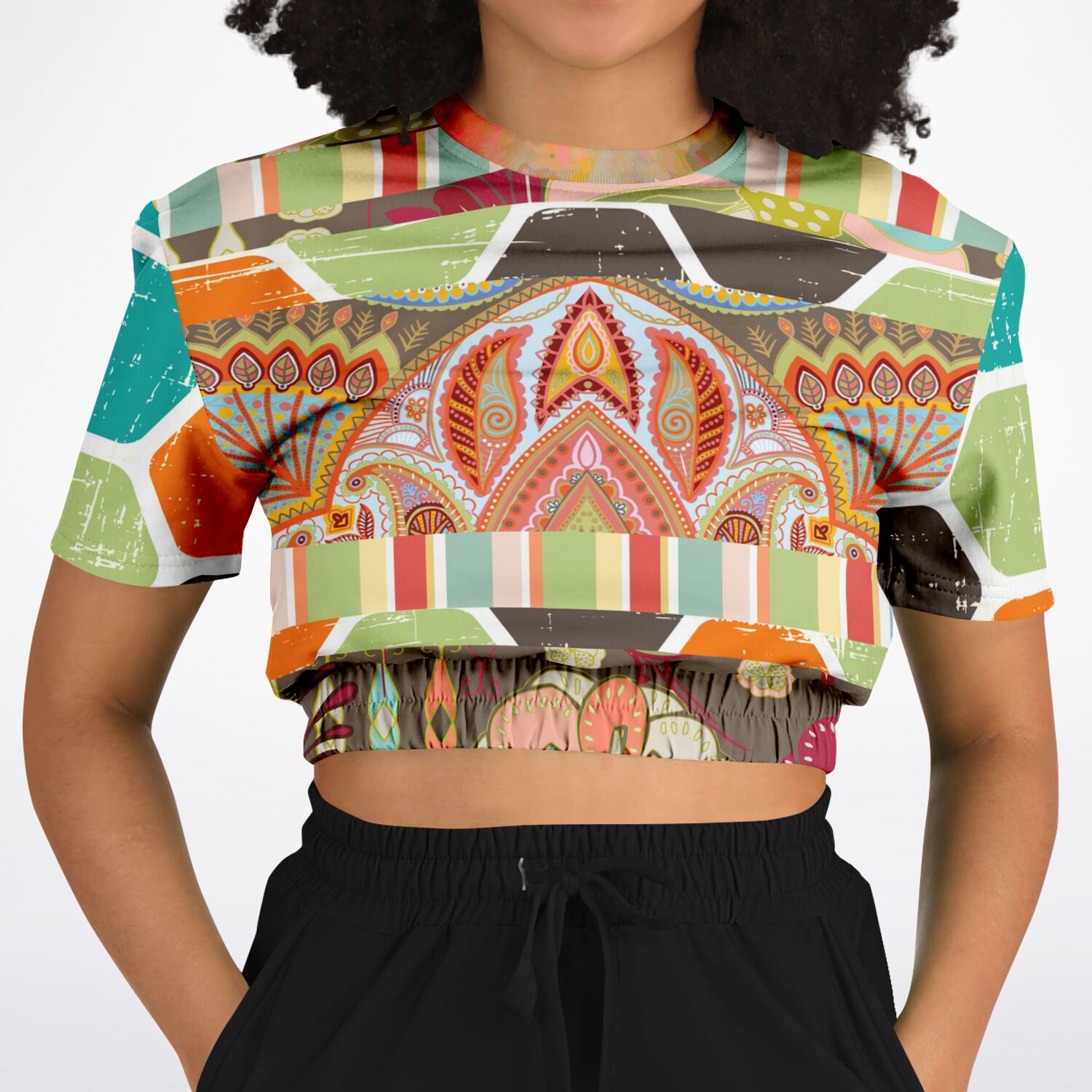 Wyatt Earth Retro 70s Paisley Print Short Sleeve Cropped Sweater