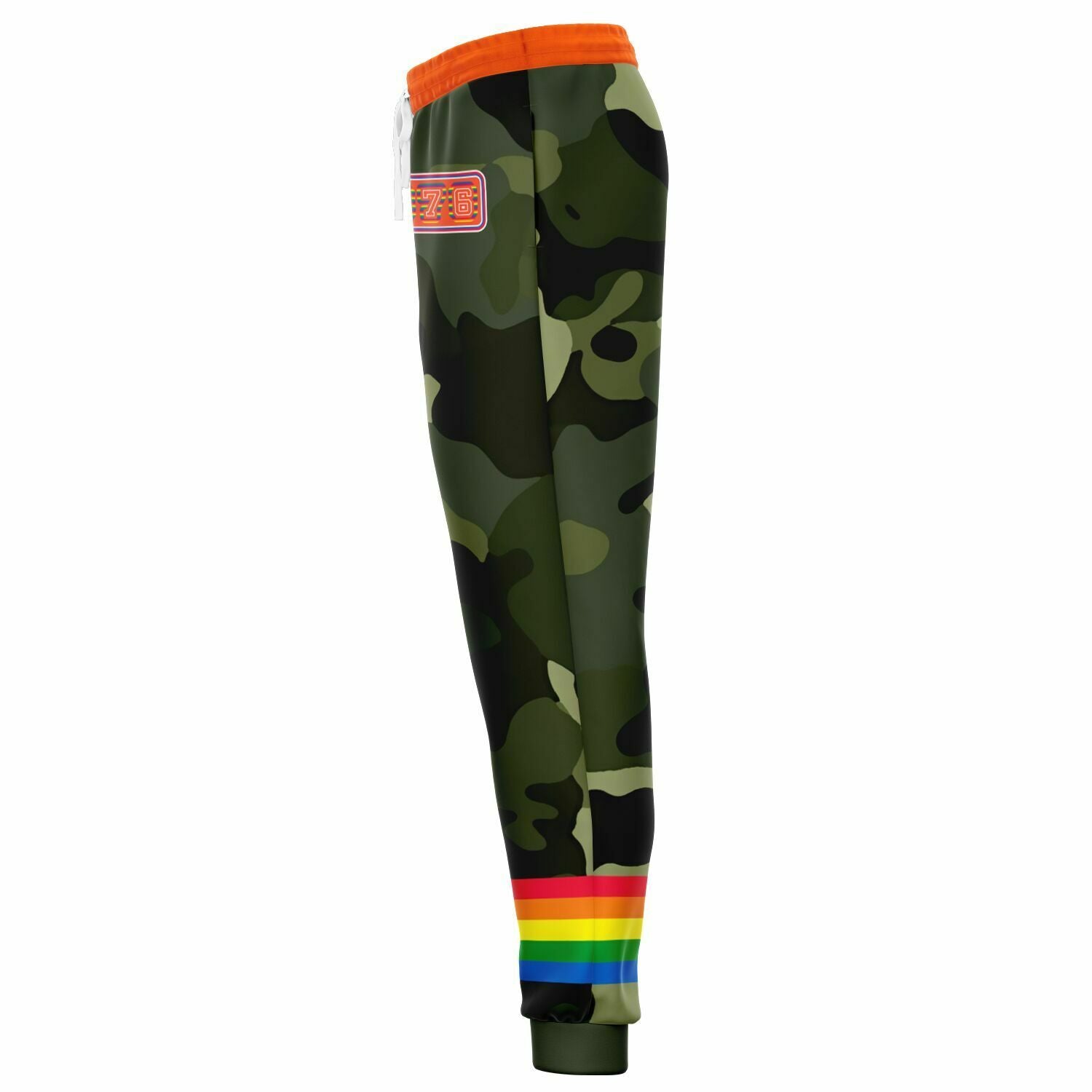 Joggers unisex de poliéster ecológico con rayas arcoíris y camuflaje verde 