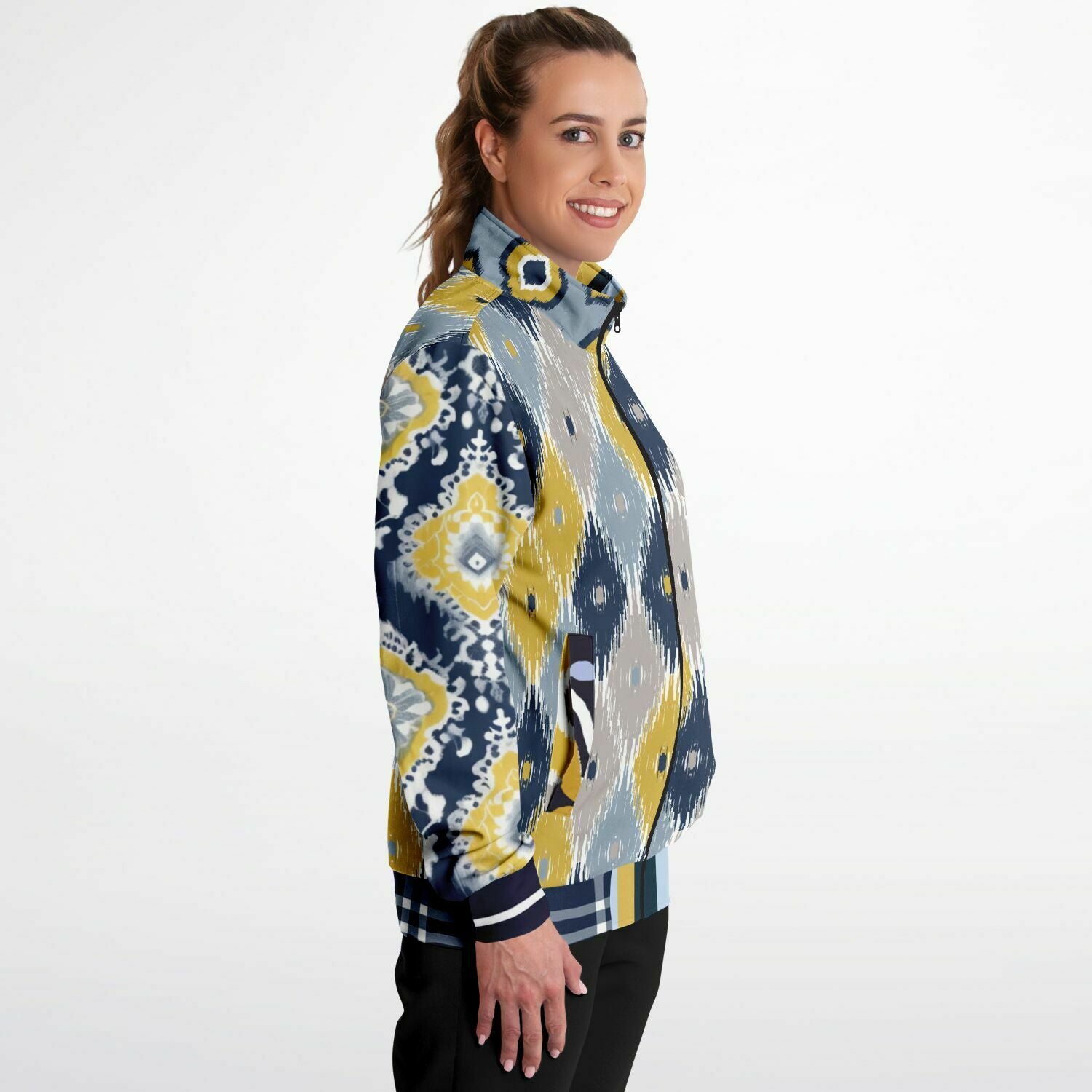 Chaqueta deportiva unisex de poliéster ecológico batik indio azul marino real y amarillo 