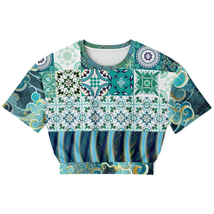 Green Meknes Mosaic Tile Eco-Poly Short Sleeve Cropped Sweater