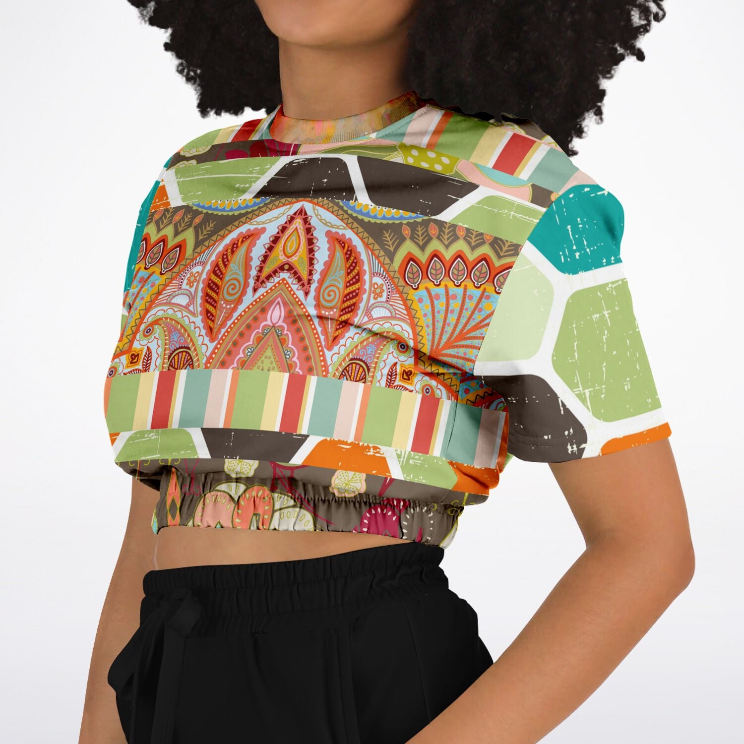 Wyatt Earth Retro 70s Paisley Print Short Sleeve Cropped Sweater