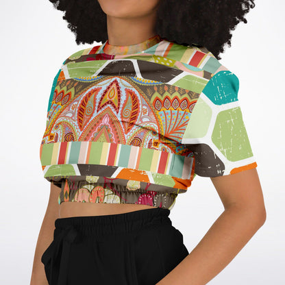 Wyatt Earth Retro 70s Paisley Print Short Sleeve Cropped Sweater