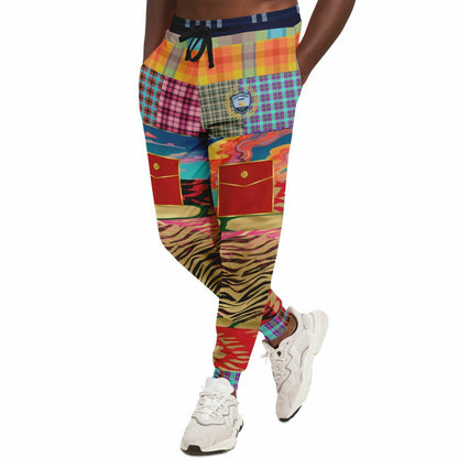 Walking the Runway Joggers unisex de eco-poliéster con patchwork de cebra