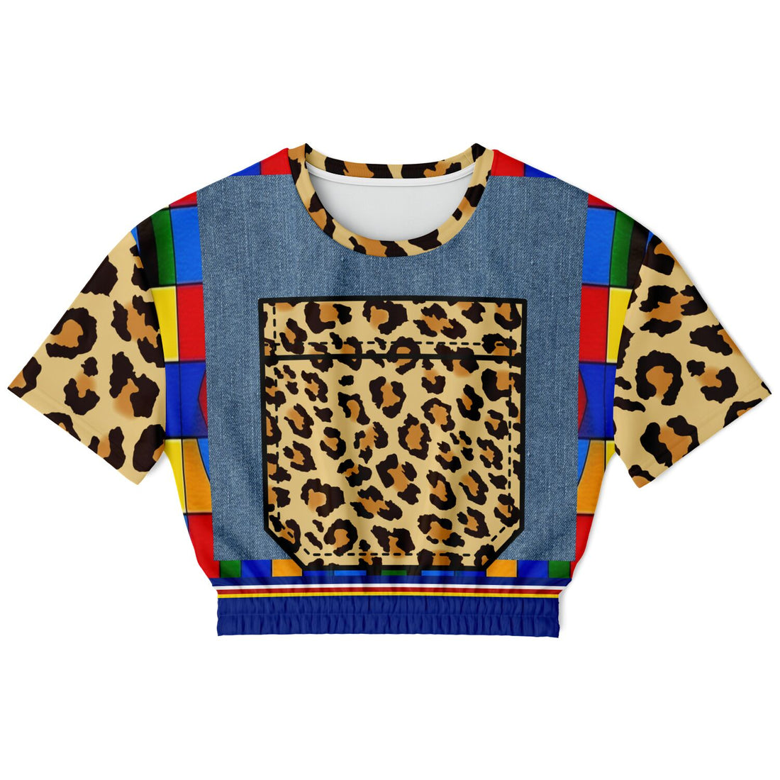 Picasso Primary Geometric Leopard Eco-Poly Short Sleeve Cropped Sweater