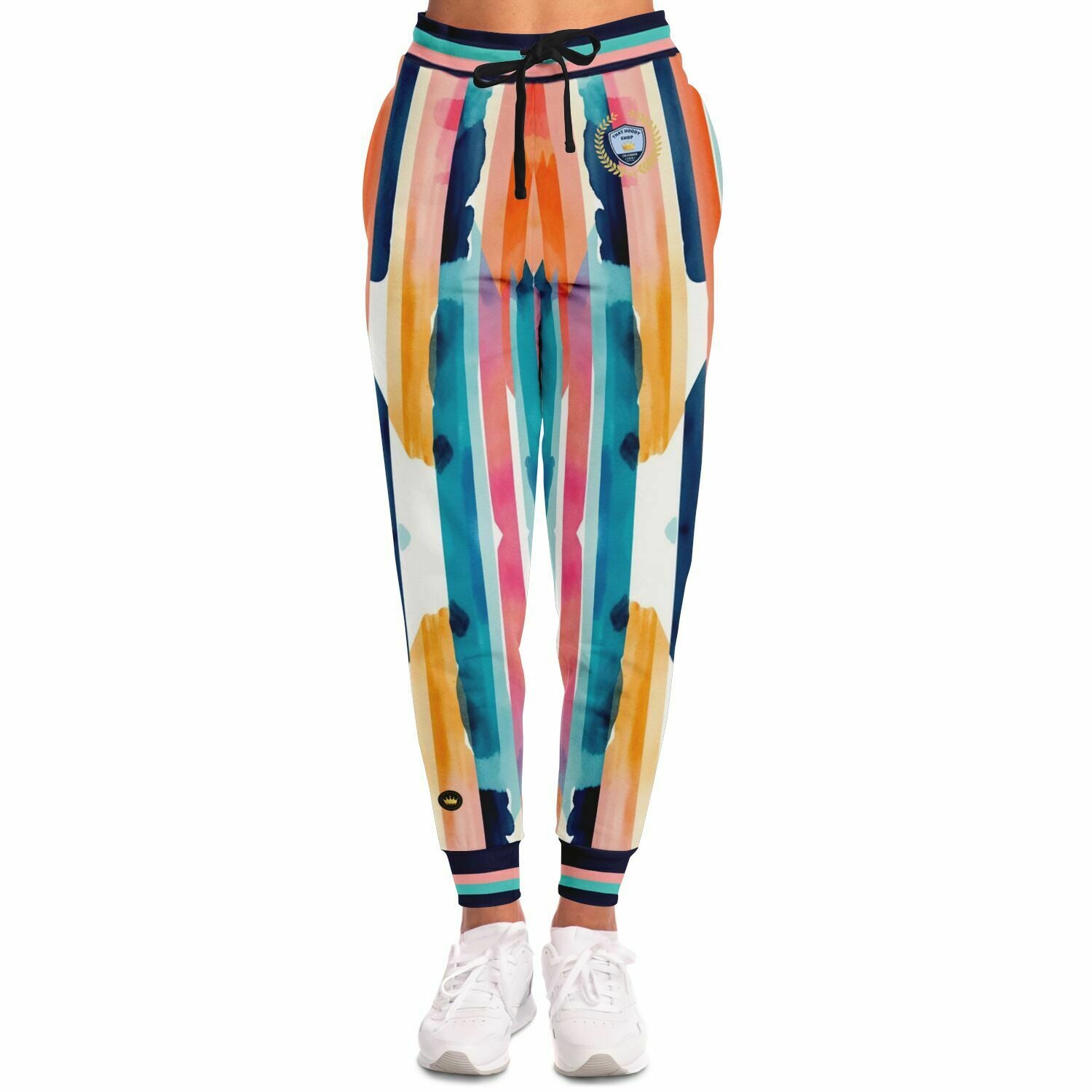 Joggers unisex de poliéster ecológico con rayas abstractas y lluvia en bloques de color rosa 