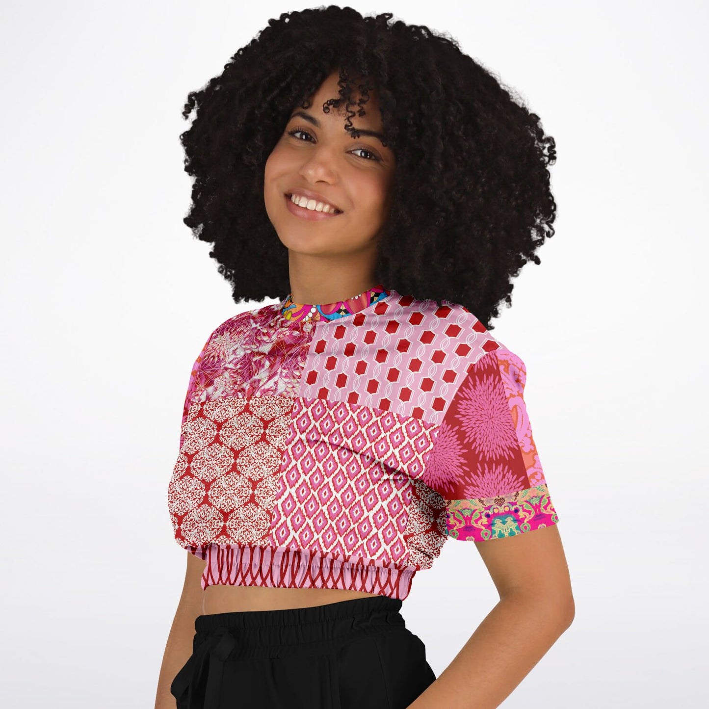 Gypsy Beat Pink Patchwork Short Sleeve Cropped Sweater