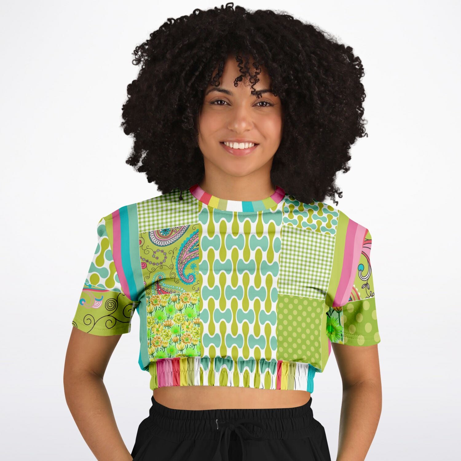 Green Anjou Pear Patchwork Eco-Poly Short Sleeve Cropped Sweater