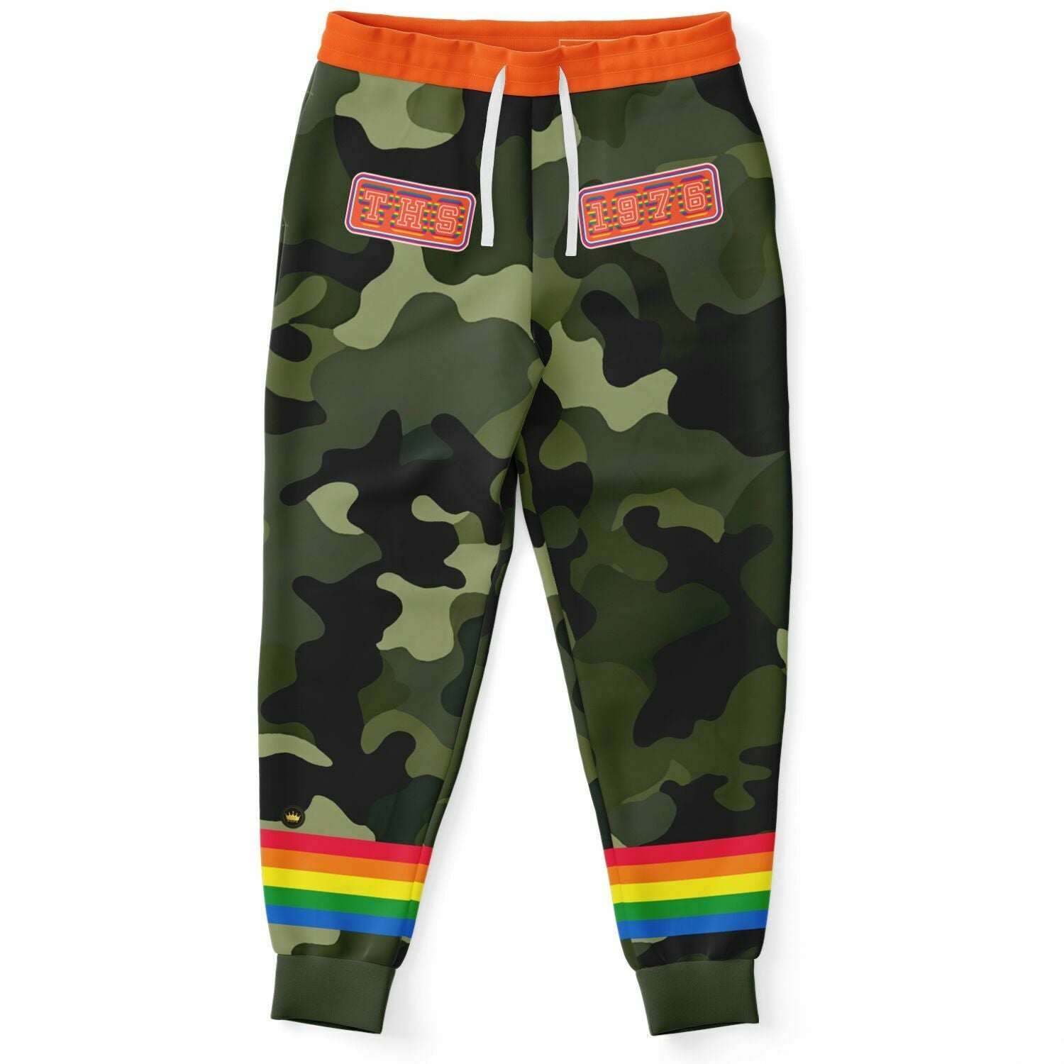 Joggers unisex de poliéster ecológico con rayas arcoíris y camuflaje verde 