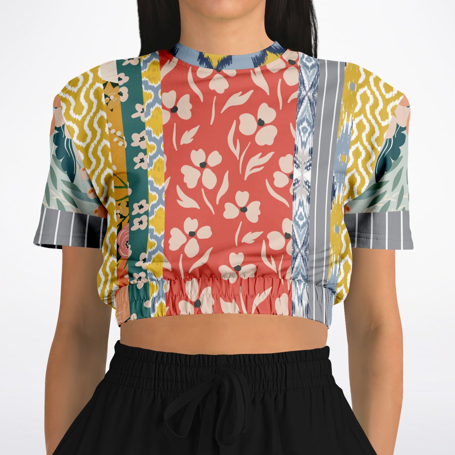 Tallulah Bankhead Yellow Patchwork Short Sleeve Cropped Sweater