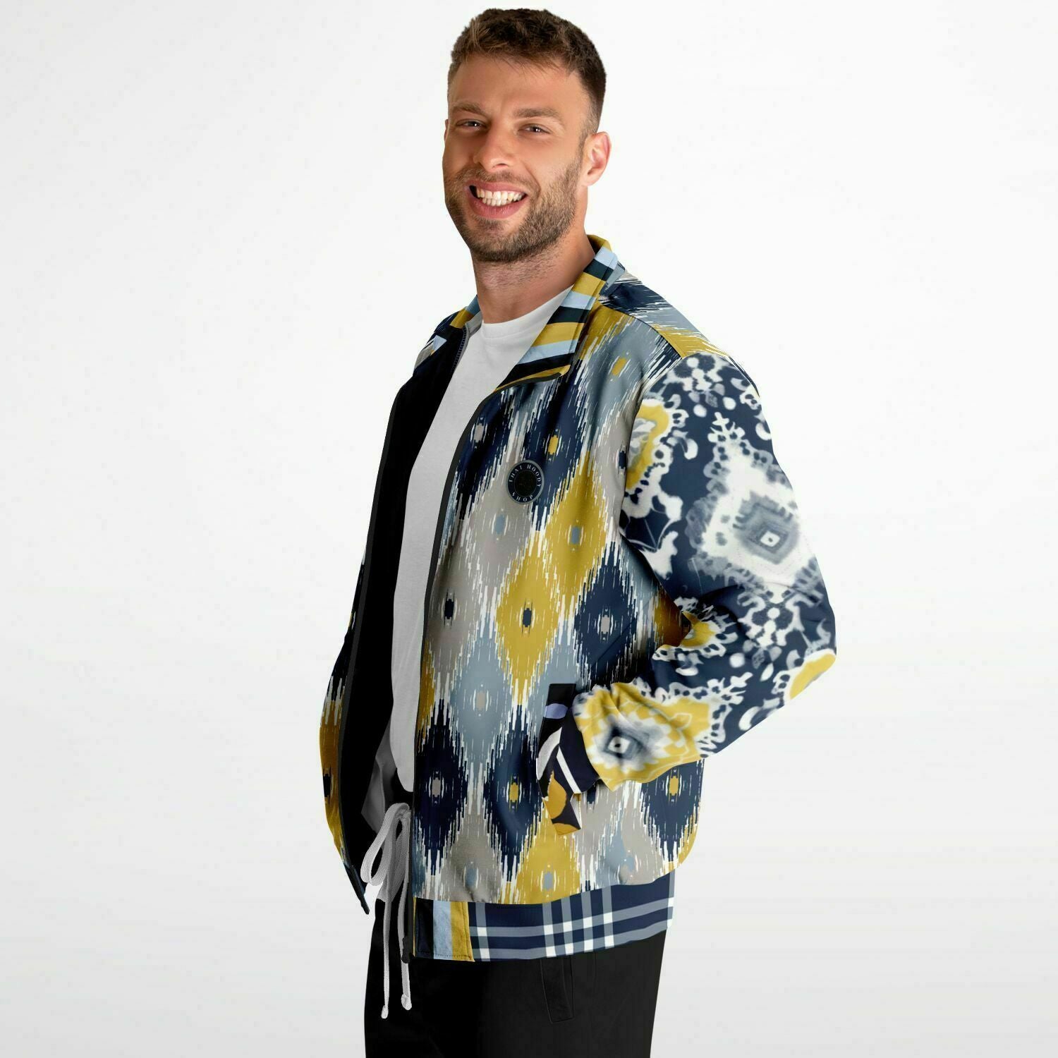 Chaqueta deportiva unisex de poliéster ecológico batik indio azul marino real y amarillo 