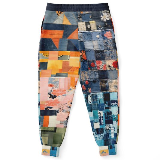 Joggers unisex de poliéster ecológico con estampado de patchwork de mezclilla femenina Devine 