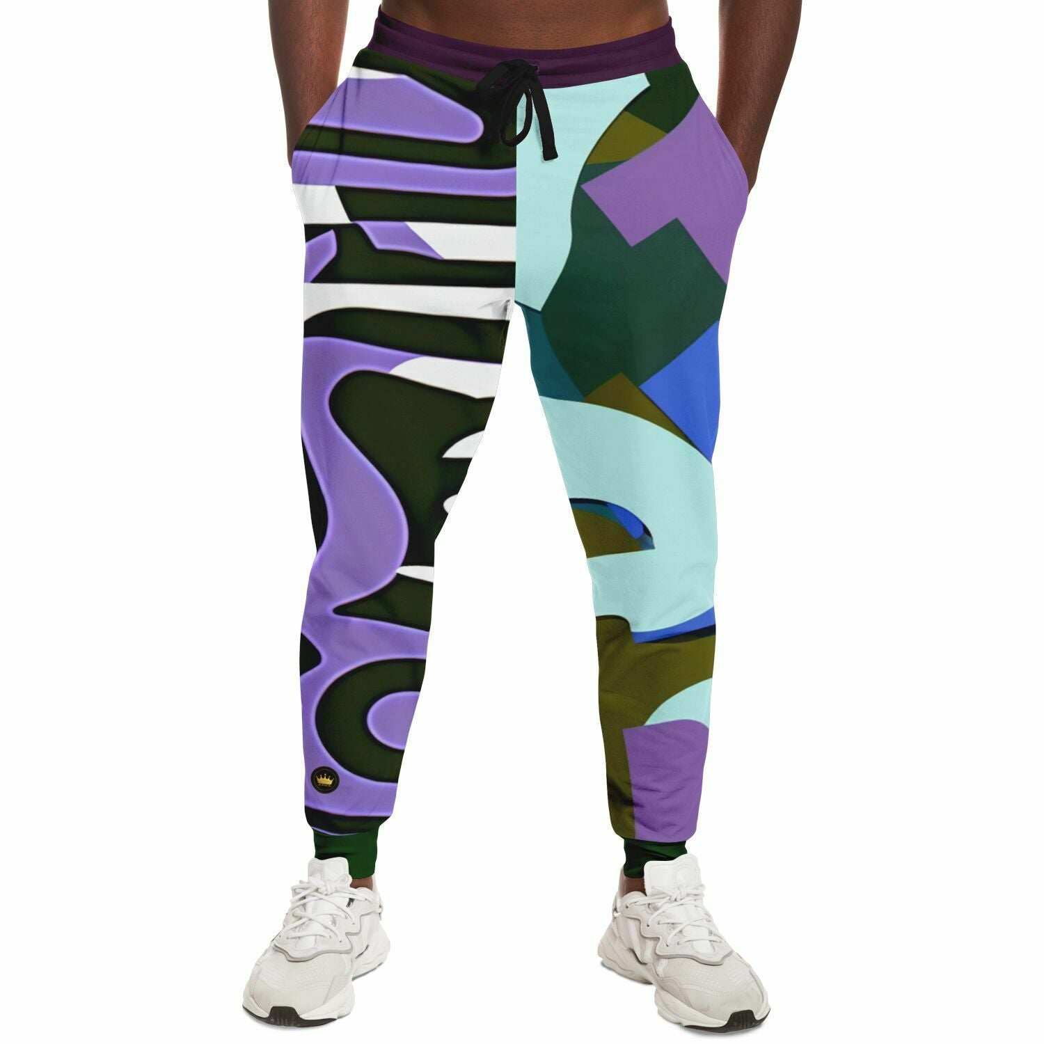 Joggers unisex de poliéster ecológico con bloques de color abstractos de Purple Rhapsody 