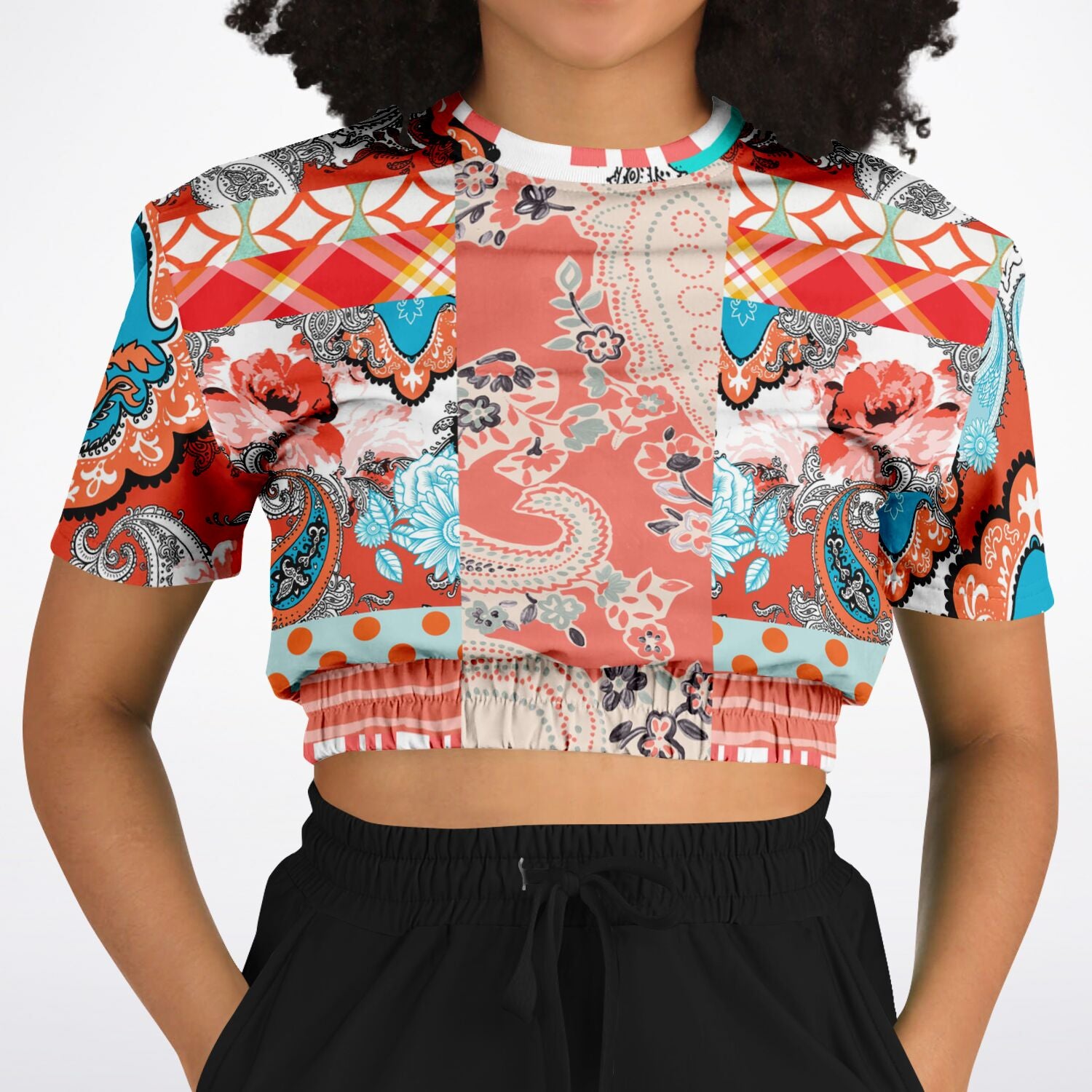 Coral Springs Hippie Patchwork Eco-Poly Short Sleeve Cropped Sweater