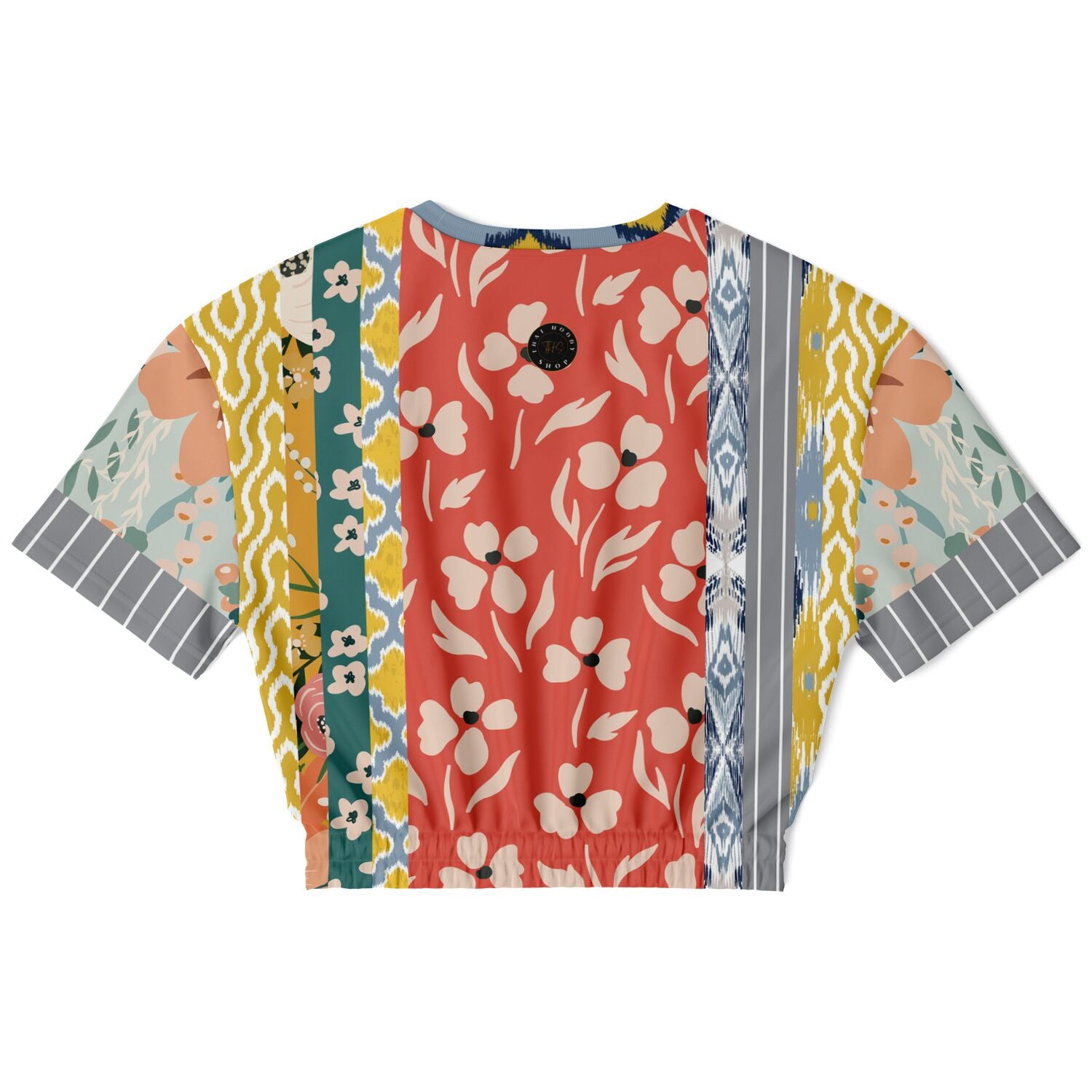 Tallulah Bankhead Yellow Patchwork Short Sleeve Cropped Sweater