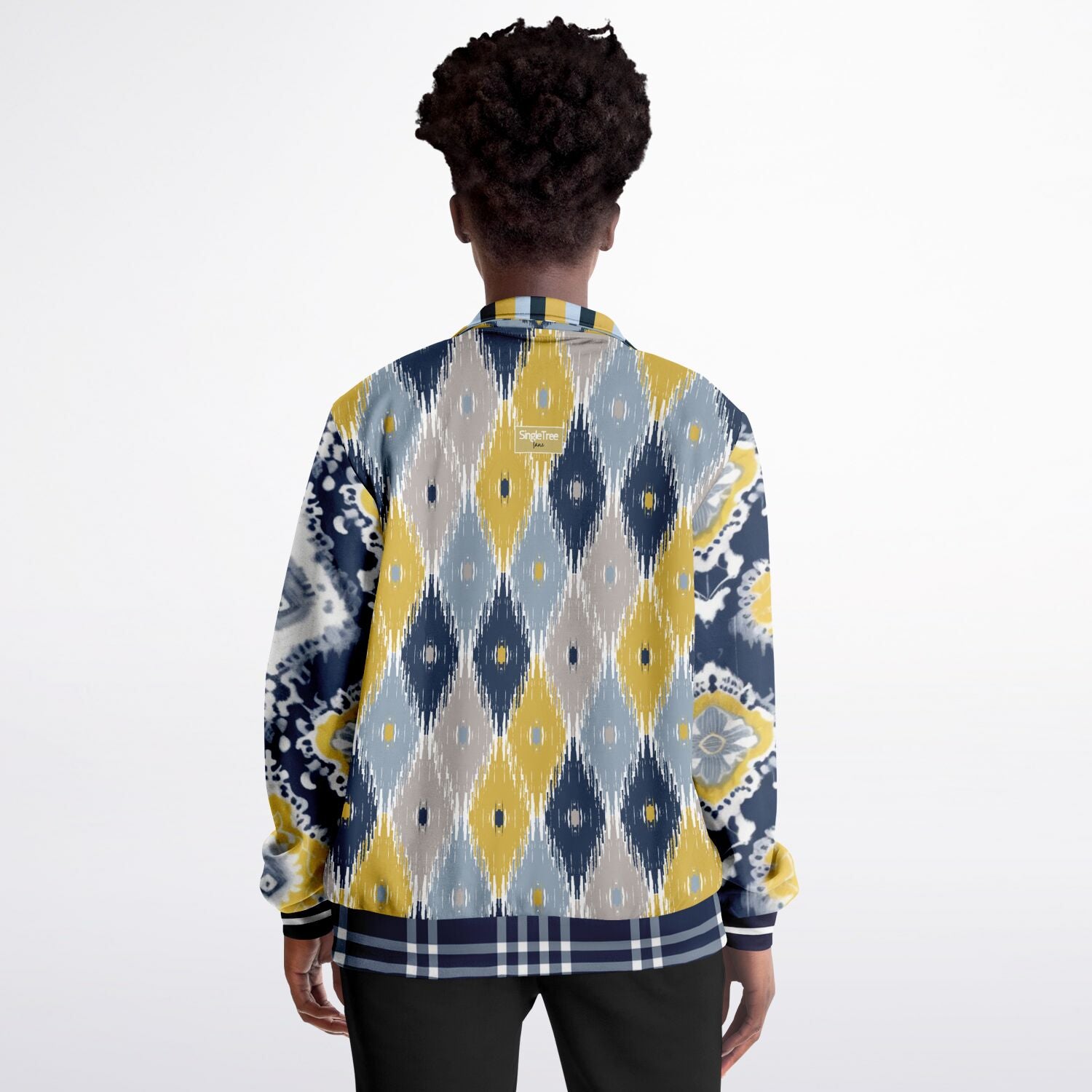 Chaqueta deportiva unisex de poliéster ecológico batik indio azul marino real y amarillo 