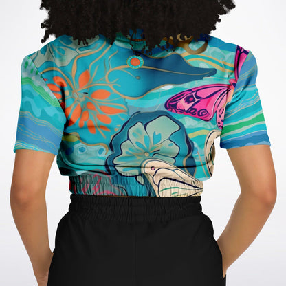 Bahamian Blue Waves Butterfly Eco-Poly Short Sleeve Cropped Sweatshirt