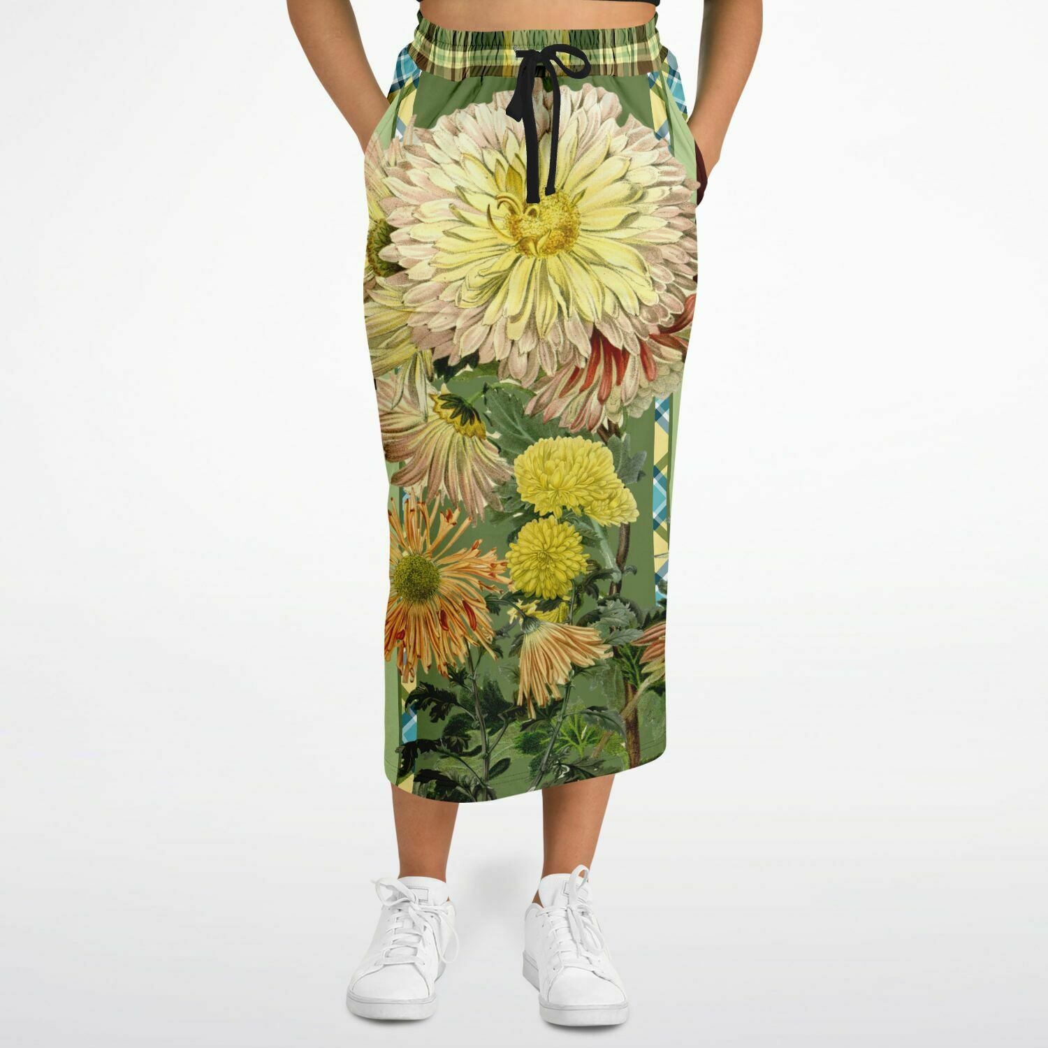 Green Caravan Floral Striped Eco-Poly Long Pocket Skirt