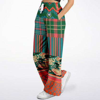 Zen Blossom Chrysanthemum Plaid Stripe Eco-Poly Wide Leg Pants