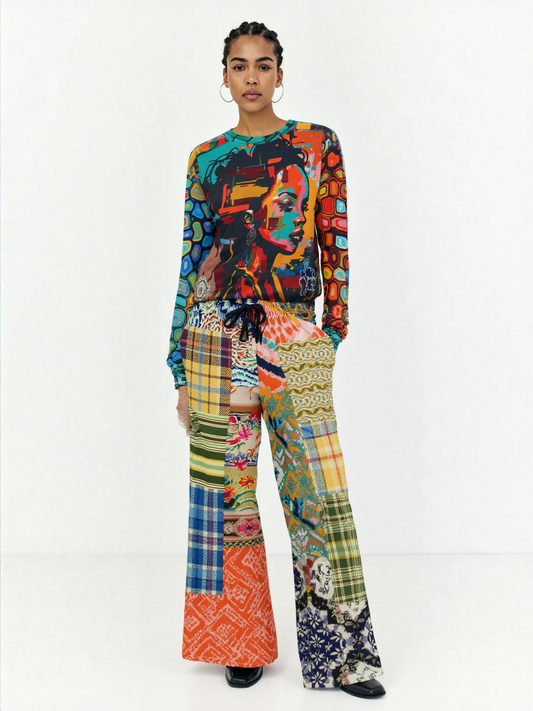 Ginger Snap Boho Patchwork Eco-Poly Wide Leg Pants
