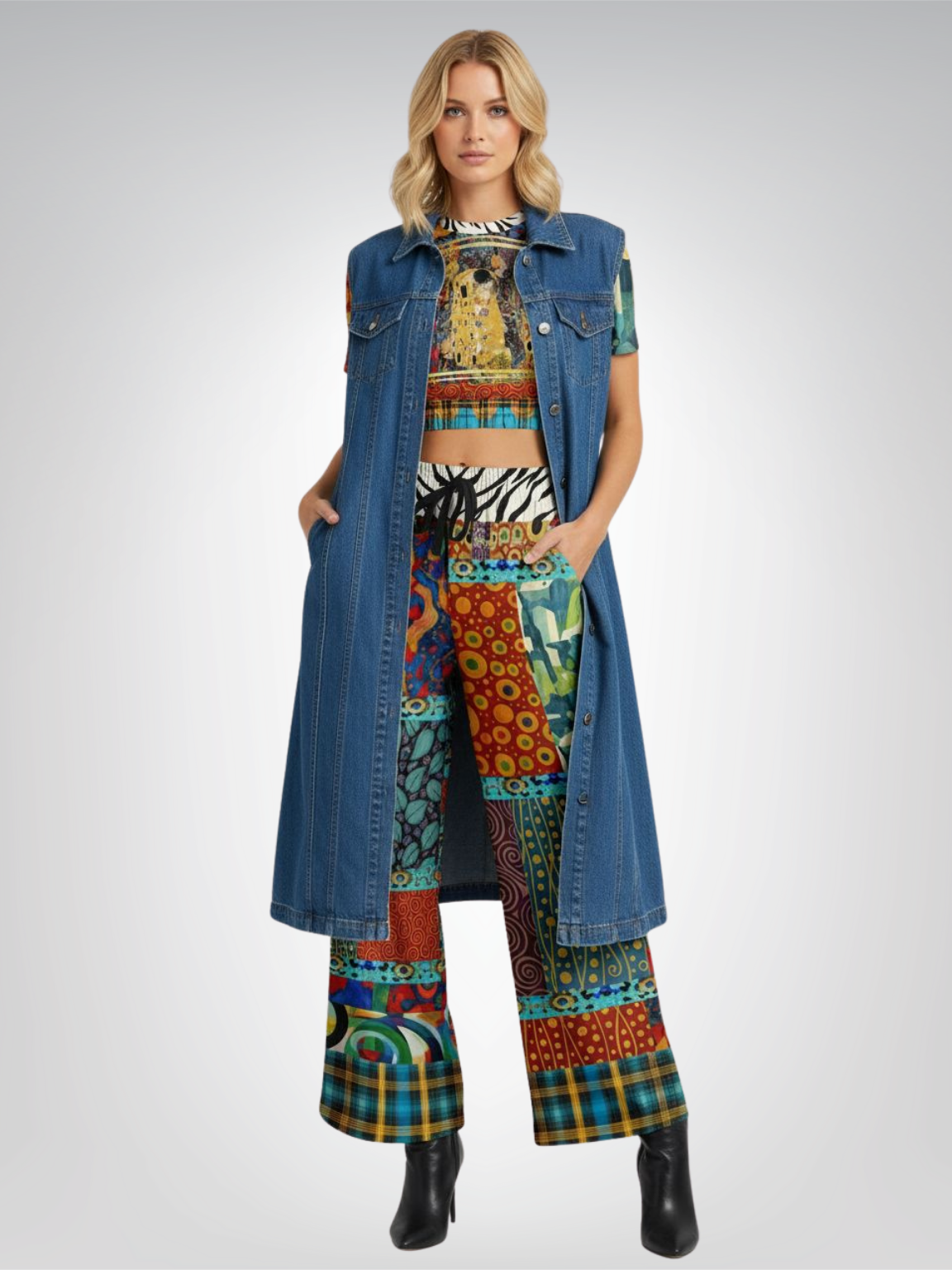 Give Me a Kiss Art Deco Patchwork Print Eco-Poly Wide Leg Pants