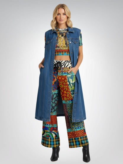 Give Me a Kiss Art Deco Patchwork Print Eco-Poly Wide Leg Pants