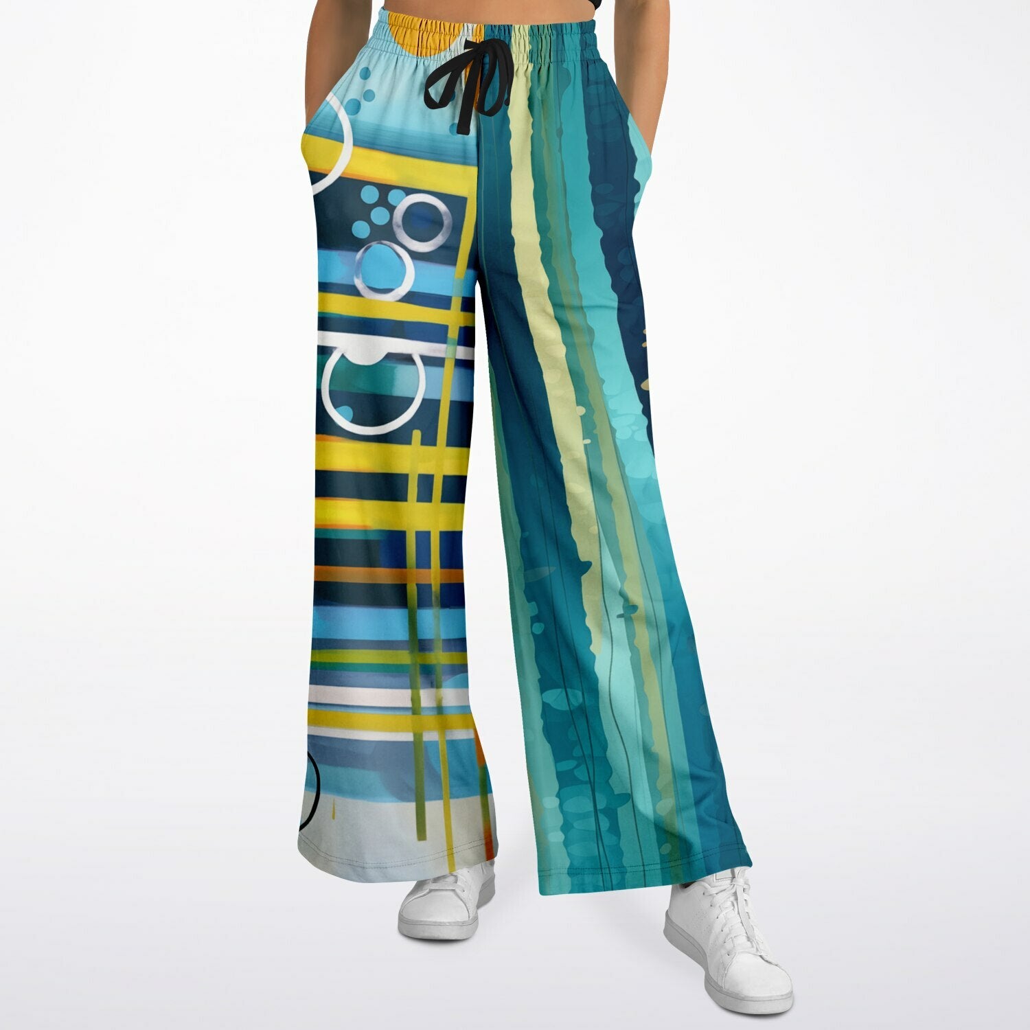 Greek Isles Blue Geometric Eco-Poly Wide Leg Pants