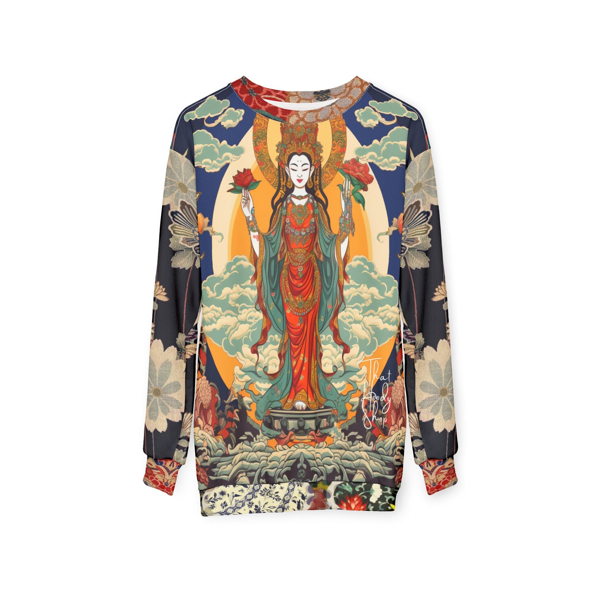 Diosa de la compasión Guan Yin en sudadera unisex azul