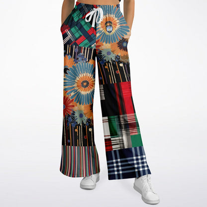 Haphazard Blue Floral Stripe Eco-Poly Wide Leg Pants