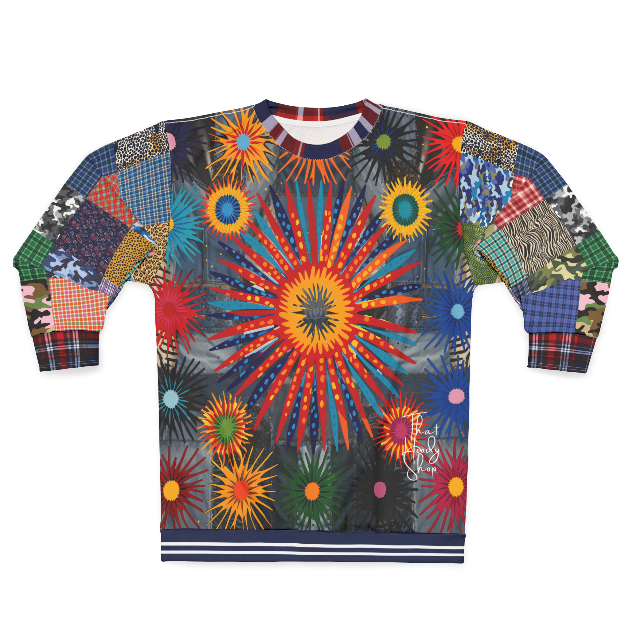 Hippie Sunburst in Denim Patchwork Unisex Sweatshirt (Gold Label)