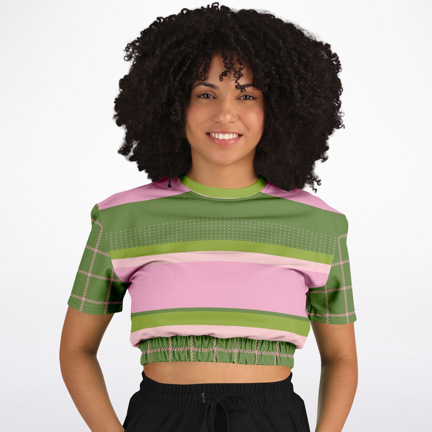 Hopscotch in Green and Pink Windowpane Eco-Poly Short Sleeve Cropped Pullover