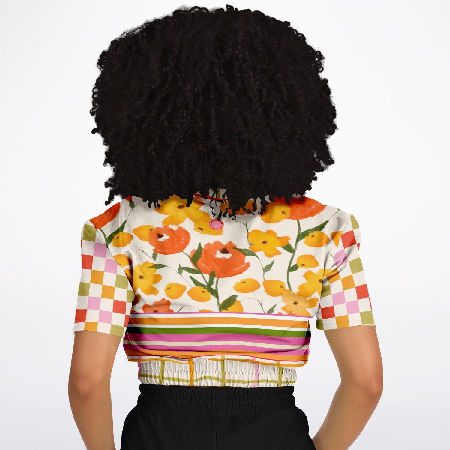 Hopscotch My Hippie Gingham Floral Plaid Eco-Poly Short Sleeve Cropped Pullover
