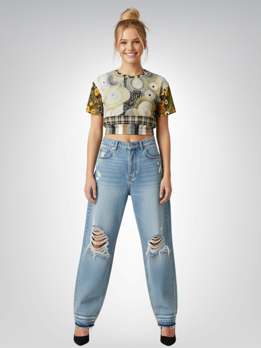 I'm Feeling Brown Aboriginal Ethnic Print Eco-Poly Short Sleeve Cropped Pullover