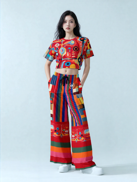 Mardi Gras in Brazil Abstract Geo Eco-Poly Short Sleeve Cropped Pullover