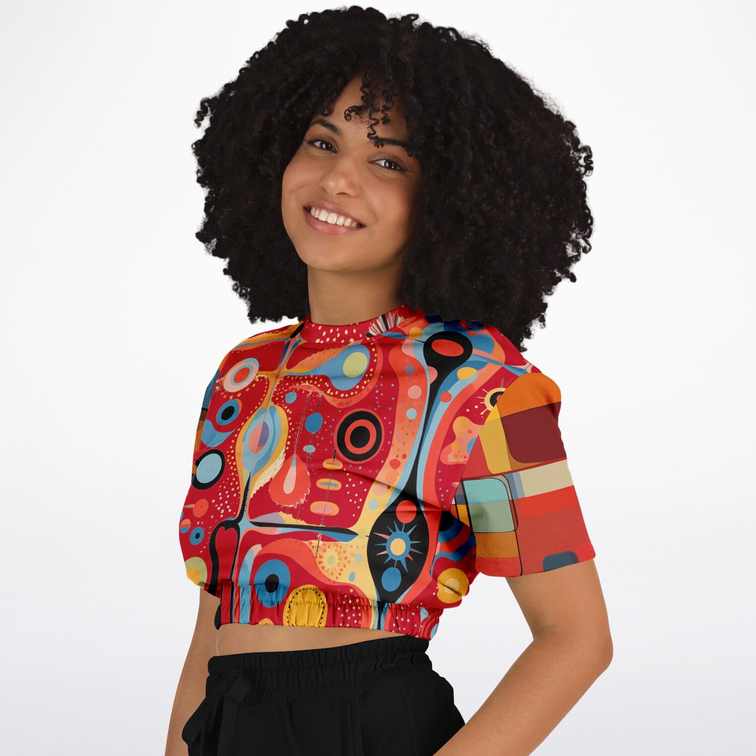 Mardi Gras in Brazil Abstract Geo Eco-Poly Cropped Short Sleeve Sweater