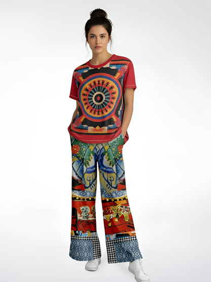 Red Oval on Gold and Denim Plate Eco-Poly Wide Leg Pants