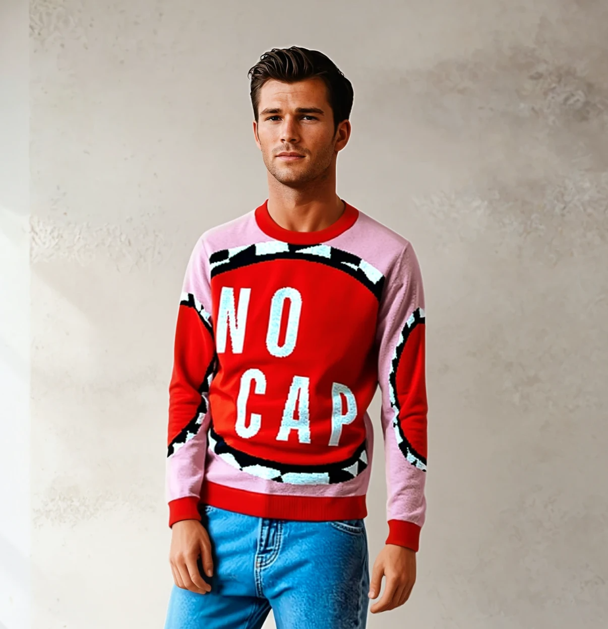 No Cap Knitted Crewneck Unisex Sweater in Pink