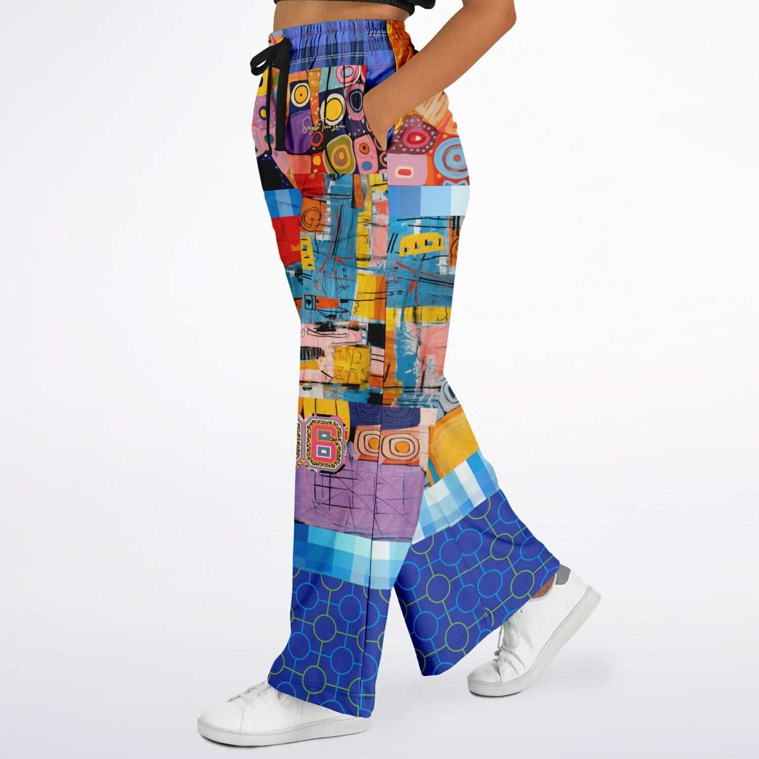 Open Window in Provence Graffiti Print Patchwork Eco-Poly Wide Leg Pants