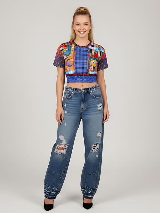 Open Window in Provence Graffiti Patchwork Eco-Poly Short Sleeve Cropped Pullover