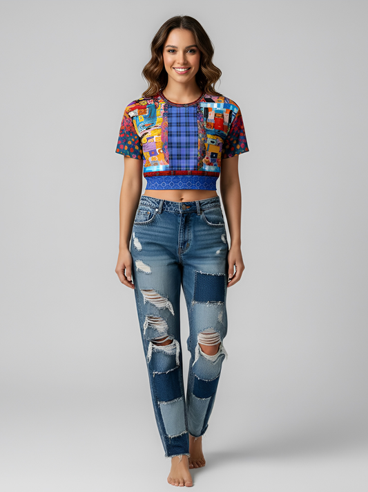 Open Window in Provence Graffiti Patchwork Eco-Poly Short Sleeve Cropped Pullover