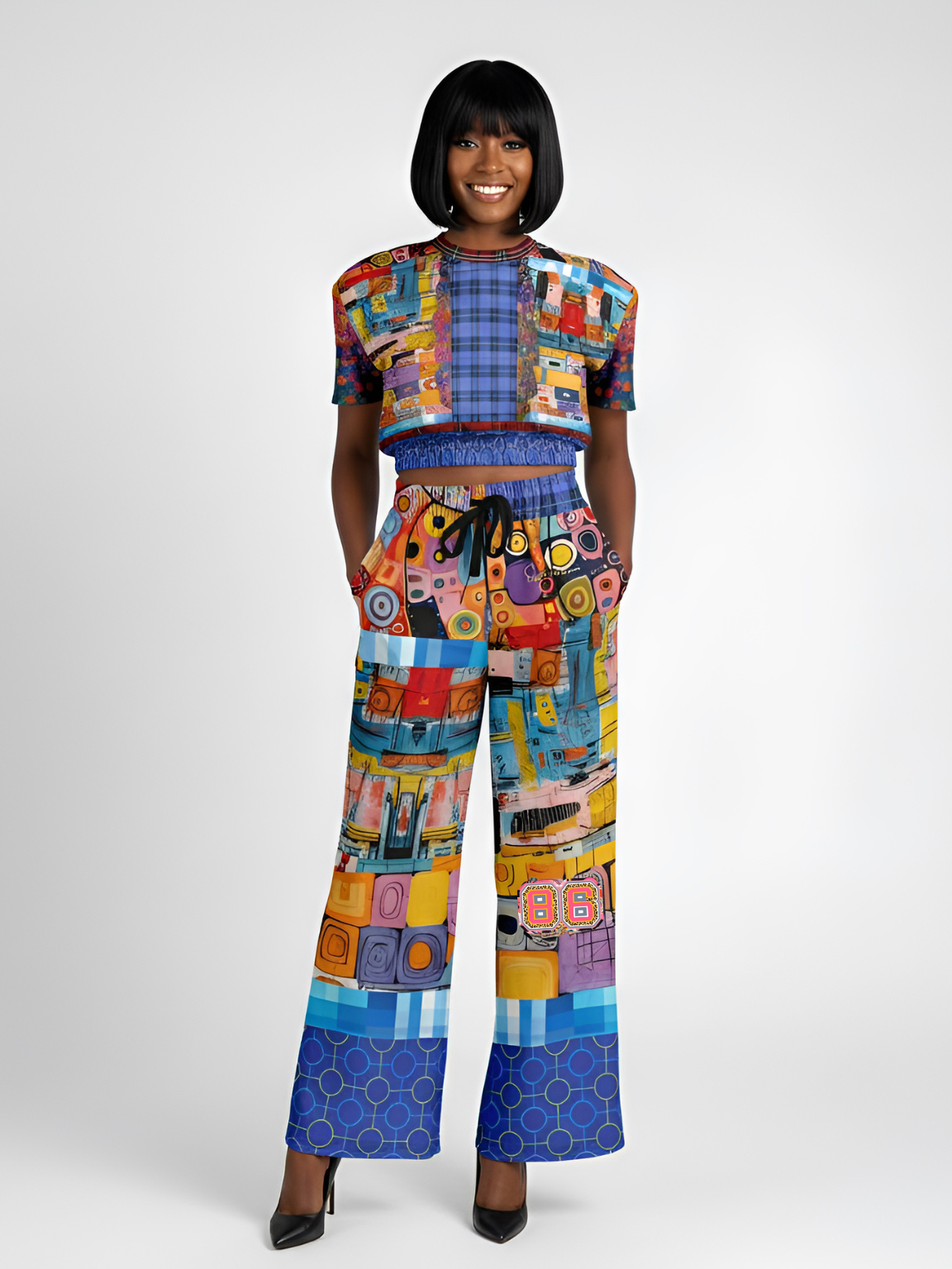 Open Window in Provence Graffiti Print Patchwork Eco-Poly Wide Leg Pants