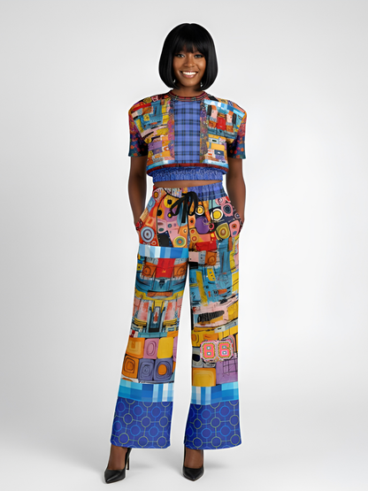 Open Window in Provence Graffiti Print Patchwork Eco-Poly Wide Leg Pants