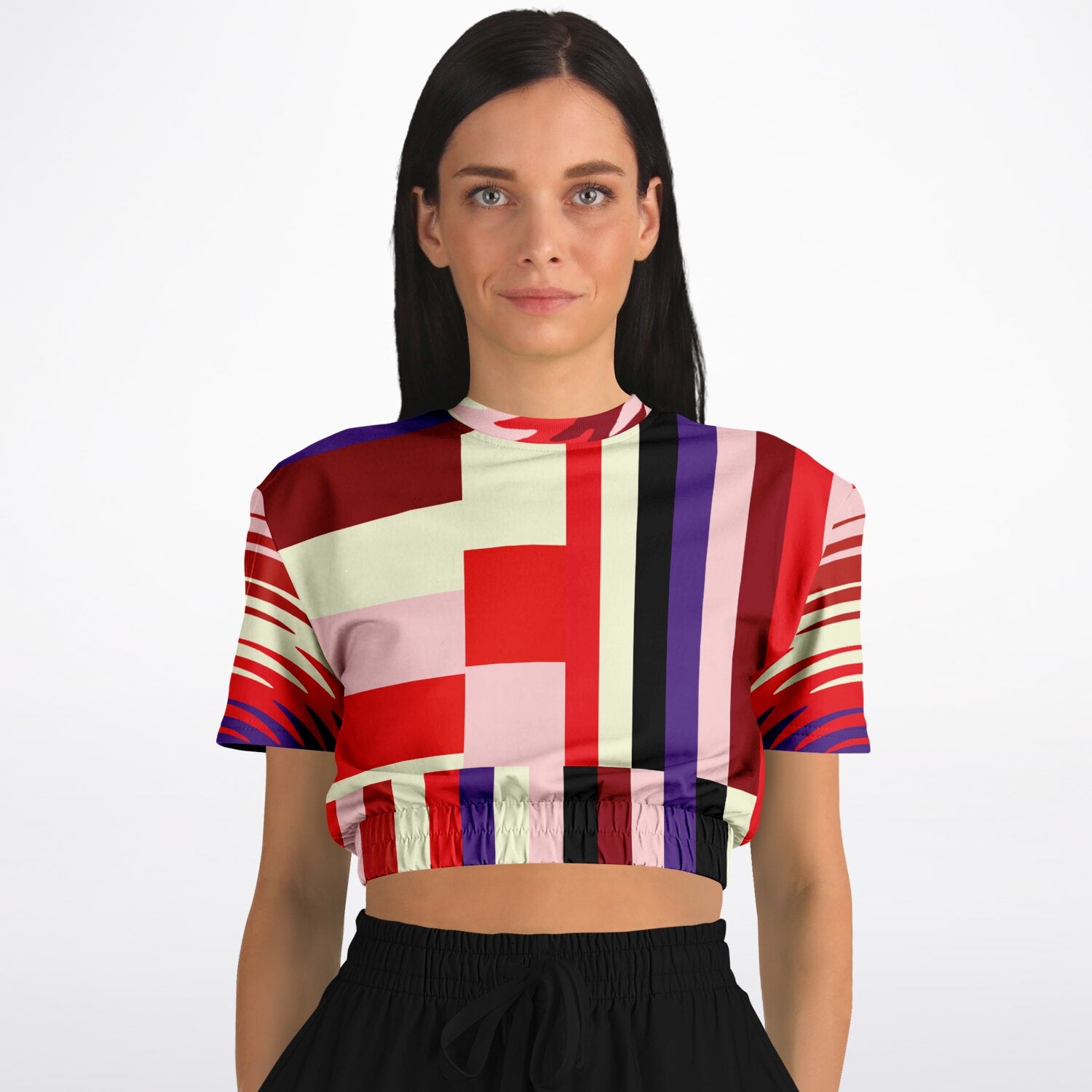 Pink Candy Holiday Stripe Eco-Poly Cropped Short Sleeve Sweater