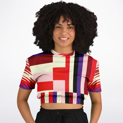 Pink Candy Holiday Stripe Eco-Poly Cropped Short Sleeve Sweater