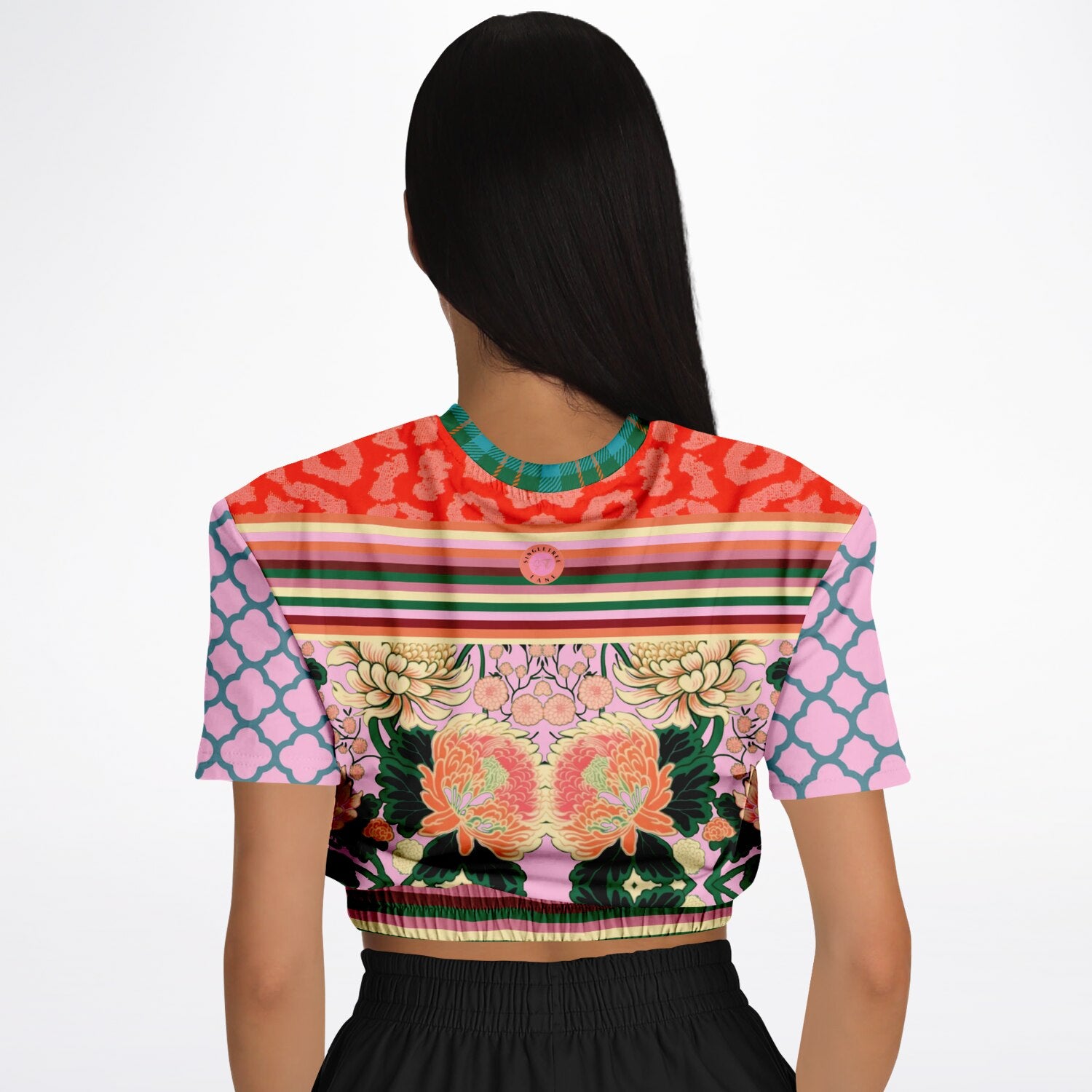 Pink Zen Blossom Chrysanthemum Asian Floral Eco-Poly Short Sleeve Cropped Pullover