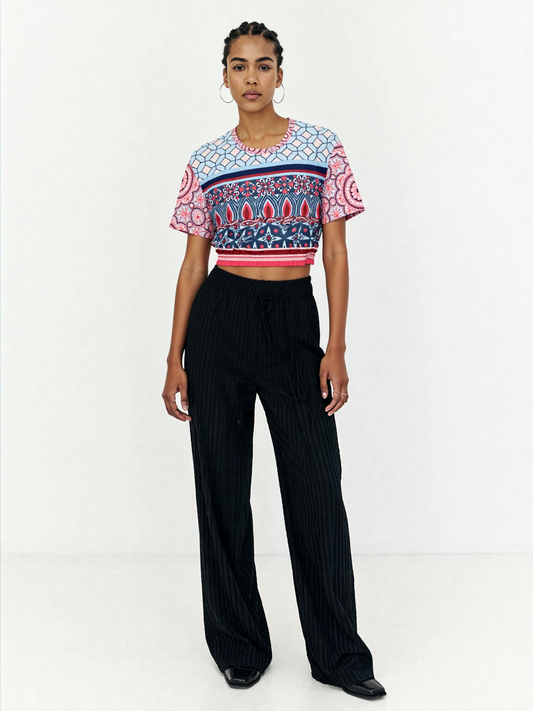 Pink Montauk Geo Denim Patchwork Eco-Poly Cropped Short Sleeve Pullover