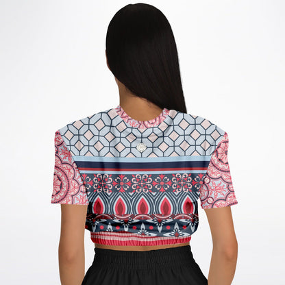 Pink Montauk Geo Denim Patchwork Eco-Poly Cropped Short Sleeve Pullover