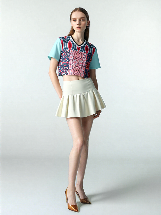 Pink Montauk Geo Patchwork Eco-Poly V-Neck Crop Jersey