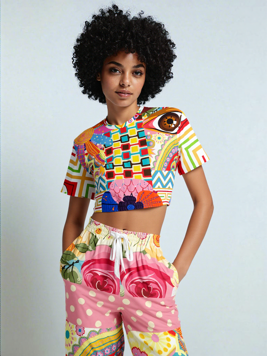 Pink Paisley Park Visage Eco-Poly Short Sleeve Cropped Pullover