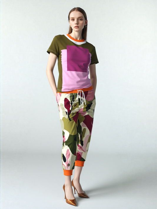 Pink Squared Geometric Print Colorful Women's Tee