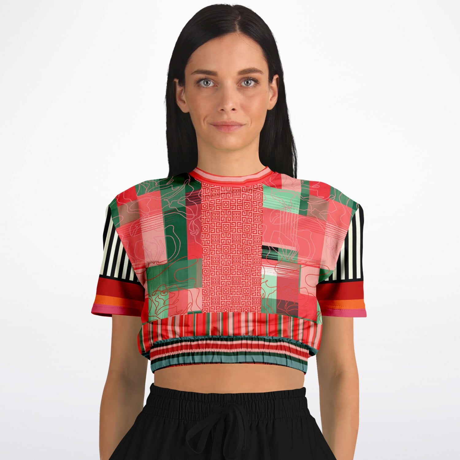 Pink Watermelon Patchwork Plaid Eco-Poly Short Sleeve Cropped Sweater